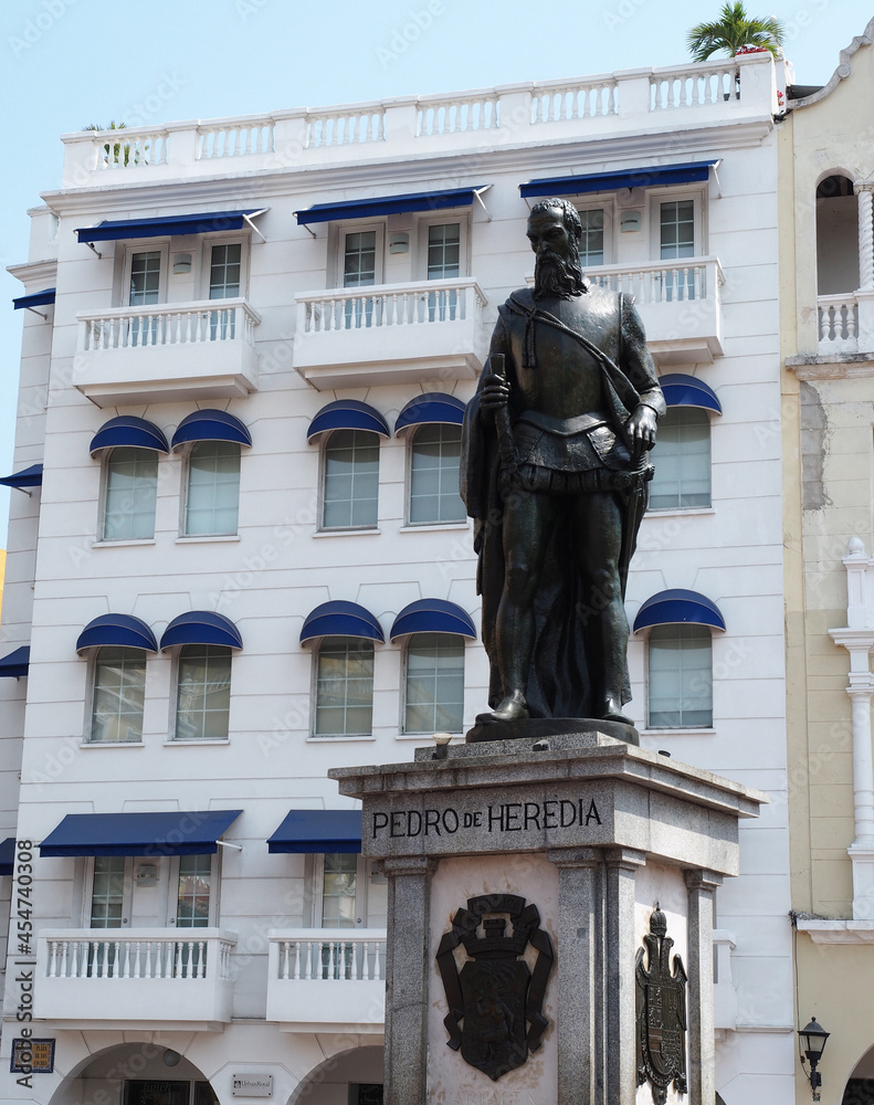Cartagena, Colombia - 01.02.2015: Statue of Pedro de Heredia in the main square of the old town