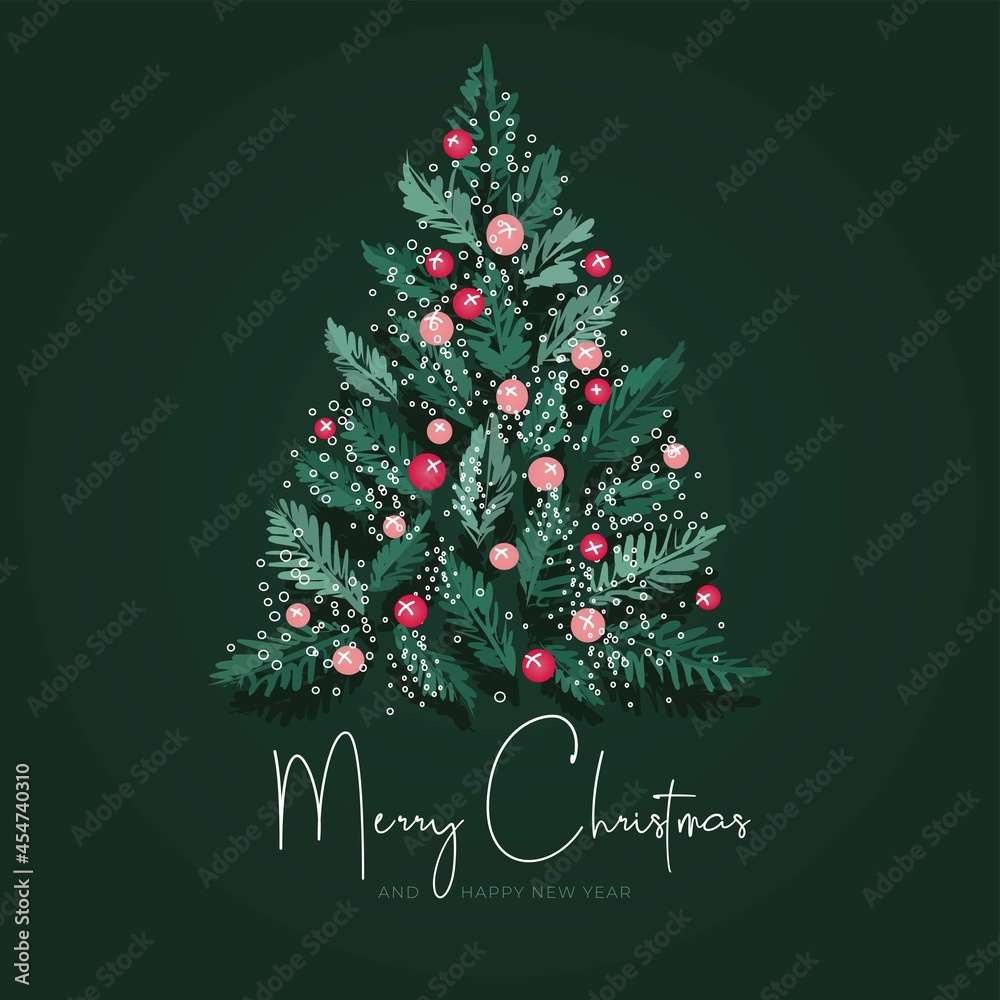 Christmas tree with balls in lights on a dark background. Merry Christmas and Happy New Year. Greeting vector new year card. Christmas tree with balls in lights on a dark background. Merry Christmas and Happy New Year. Greeting vector new year card.