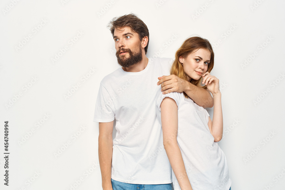 cheerful young couple communication friendship casual clothes light background cheerful young couple communication friendship casual clothes light background