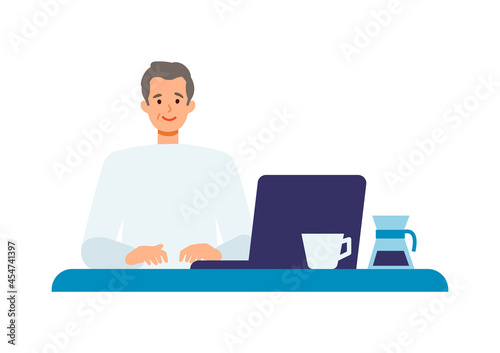 Concept for using computer. Man checking internet by PC.
