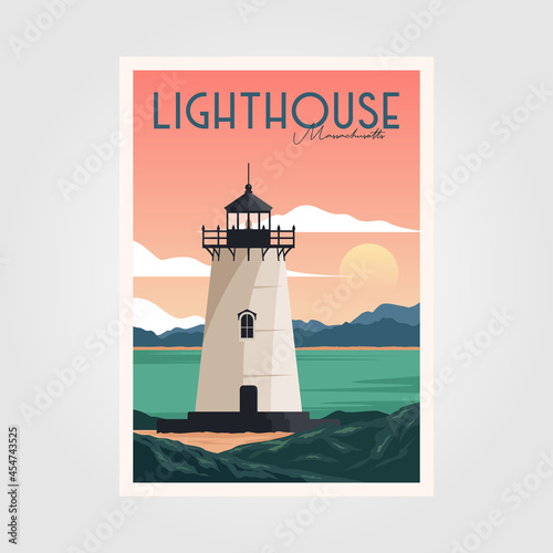 lighthouse and sunset view vintage poster vector background illustration design, vintage ocean park poster design