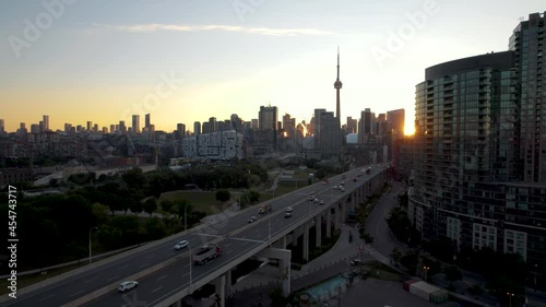 Aerial shot of the sunrise over the city of Toronto
