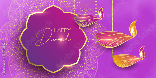 Diwali festival holiday design with paper cut style of Indian Rangoli. Happy Diwali. Paper Graphic of Indian Rangoli. Gold Mandala on purple pink yellow background. Design for banner, invitation, menu