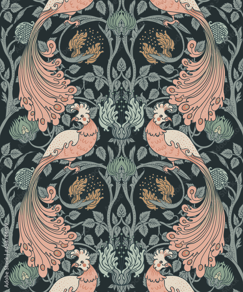 Floral vintage seamless pattern wit birds for retro wallpapers. Enchanted Vintage Flowers. Arts and Crafts movement inspired. Design for wrapping paper, wallpaper, fabrics and fashion clothes. - obrazy, fototapety, plakaty 