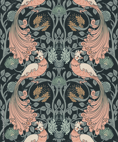 Floral vintage seamless pattern wit birds for retro wallpapers. Enchanted Vintage Flowers. Arts and Crafts movement inspired. Design for wrapping paper, wallpaper, fabrics and fashion clothes. photo