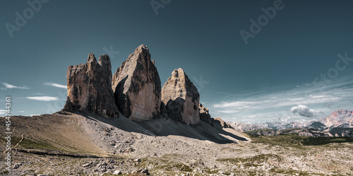 View of the north faces of the Three Peaks, Italy. Three Peaks of Lavaredo.