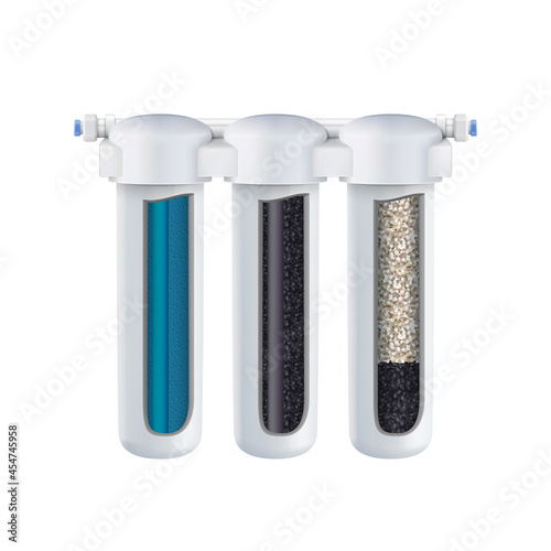 Water Filtering System With Filter Layers Vector. Blank Cartridges With Charcoal, Sieving, Adsorption And Ion Exchange For Purify Water. Household Tool Template Realistic 3d Illustration