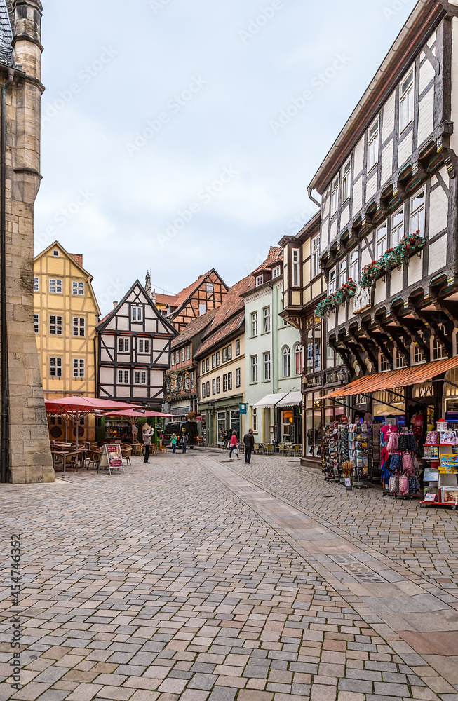 Quedlinburg, Germany. Picturesque medieval half-timbered buildings in the historic center (UNESCO)