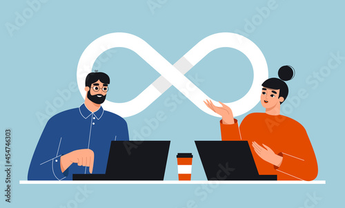 Devops software development methodology concept. Continuous delivery and deployment. Developer team on a daily meeting. Product lifecycle, project management. Isolated flat vector illustration