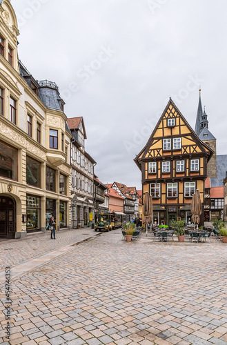 Quedlinburg, Germany. Half-timbered buildings at Marcet square in the historic center (UNESCO) 