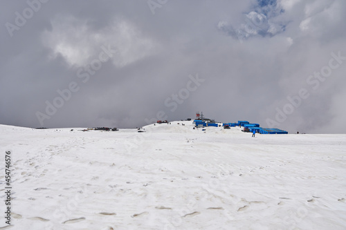 base camp of climbers in the snowy mountains.