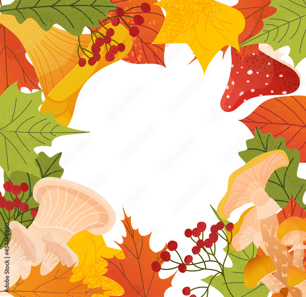Autumn frame, templates with leaves and mushrooms elements, vector cartoon illustration