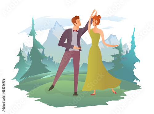 Young couple dancing in nature. Forest and mountain landscape in the background. Vector illustration, isolated on white.