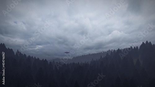 3D illustration. UFO over the mountains © kolbass