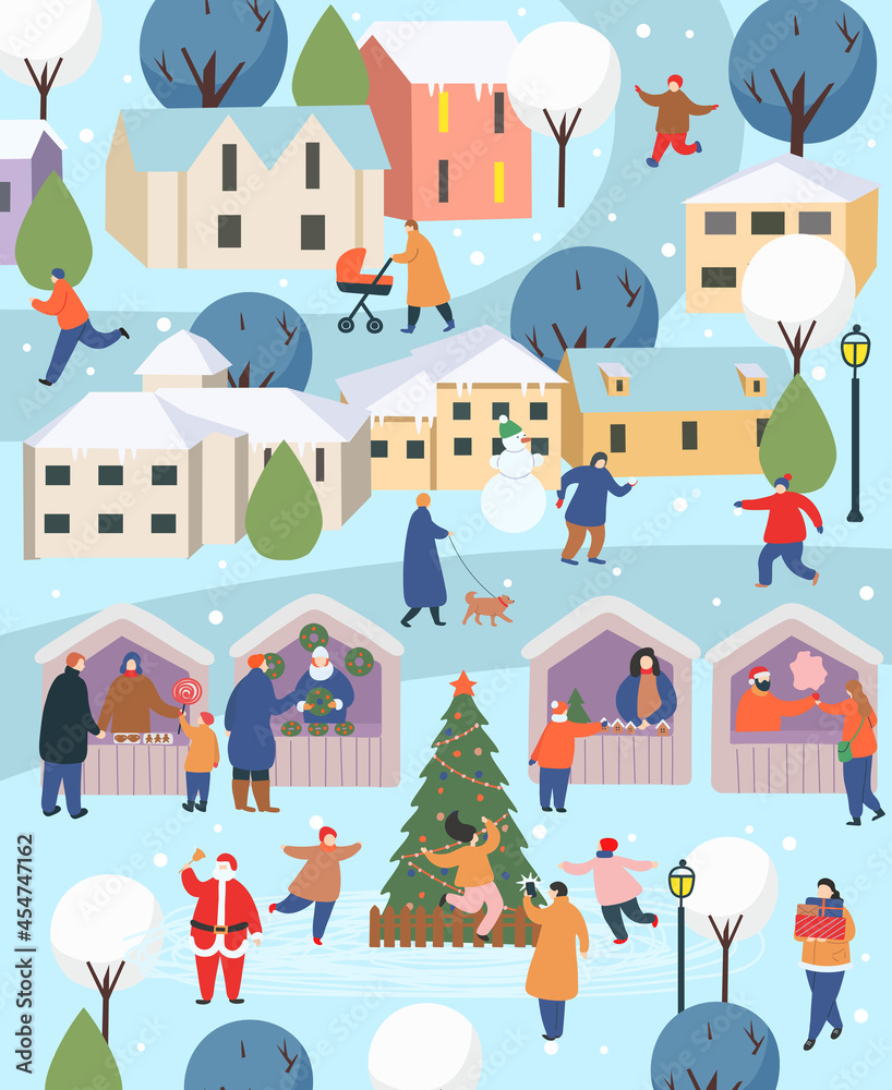 Obraz premium Winter city with people.Сhristmas in the park. Big set of people in winter. People walking, skating, skiing, making a snowman, walking. Flat cartoon vector illustr