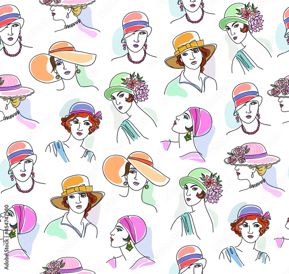 Trendy seamless pattern with vintage portraits of young women. Vector illustration for textile print , background, wallpaper, decorative paper and other design