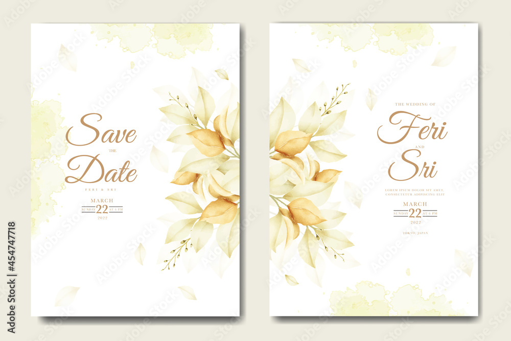 wedding invitation card with leaves watercolor