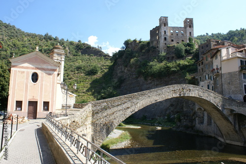 A view of Dolceacqua, Liguria (Italy): church, bridge and castle