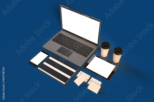 Wallpaper Mural 3D illustration.Office workplace with laptop, notebook, office supplies and stationery on blue background. Solution, business planning, creative, design, learning, start up or working flat lay. Torontodigital.ca