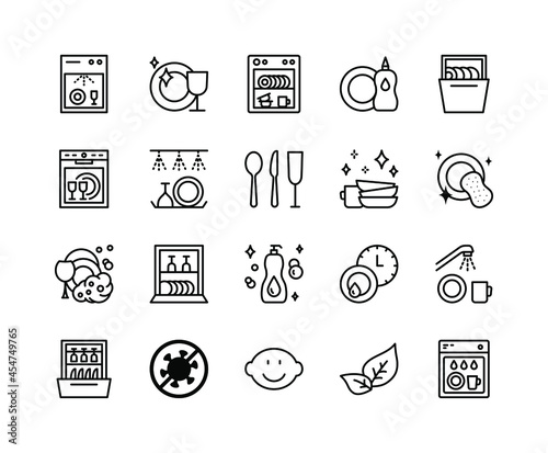 Dishwasher flat line icons set. Household appliance for washing utensil, dishware, clean dishes. Simple flat vector illustration for clinic, web site or mobile app