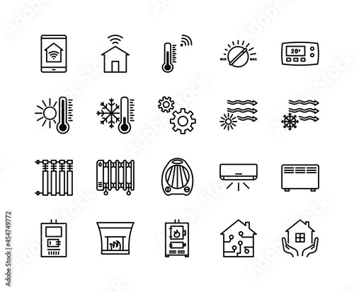 Climate control flat line icons set. Heating, ventilating and air conditioning symbols. Simple flat vector illustration for clinic, web site or mobile app