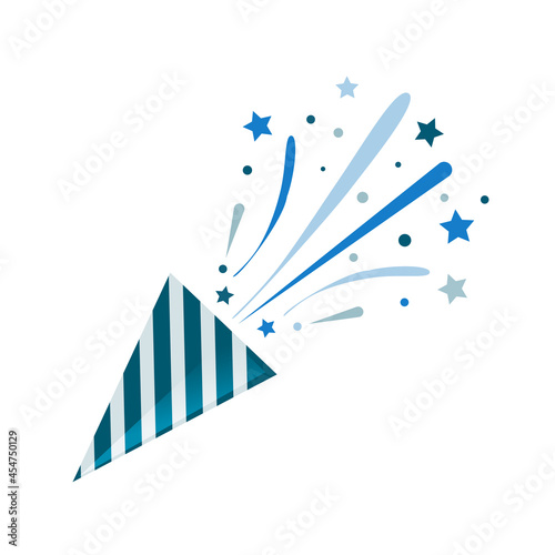 Blue party popper with confetti on white background. Birthday concept. Vector stock