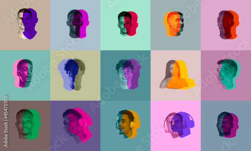 Artwork. Set, collage of young men's faces, heads with colored silhouette, shadow isolated on light background. Human emotion, split personality, mental problems concept.