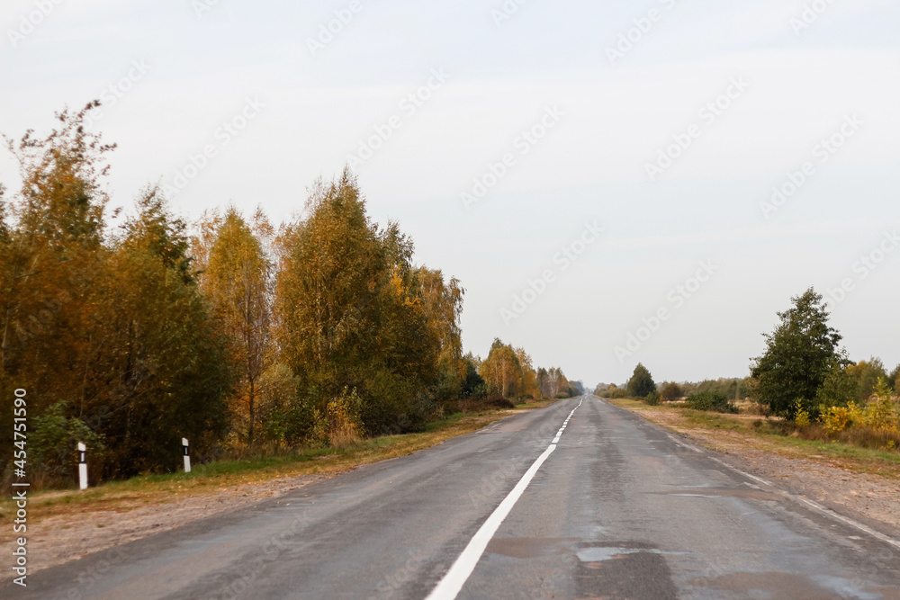 Defocus empty road among the autumn forest, perspective, selective focus. Beautiful landscape. Empty asphalt road in autumn. Out of focus