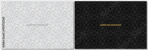 Creative decorative black and white banners, cover design set, horizontal vector templates. Geometric volumetric convex ethnic 3D pattern. Eastern, Indonesian, Mexican, Aztec style.