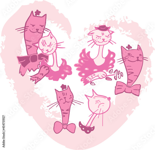Valentines card with cats in love in pink color