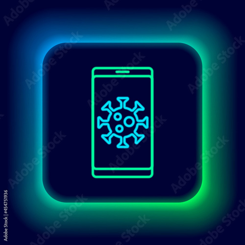 Glowing neon line Virus statistics on mobile icon isolated on black background. Corona virus 2019-nCoV. Bacteria and germs, cell cancer, microbe, fungi. Colorful outline concept. Vector