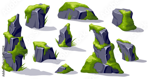 Set moss on old gray stones. Broken cartoon rocks and green lichen. Vector crag for computer games isolated on white background.