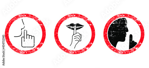 Old sign. Vintage rusty metal sign. Mute. please be quiet silent or silence with hand, finger over lips for no talking. Signboard for shhh, not sound doodle. Funny silhouette hush. Vector icon, symbol