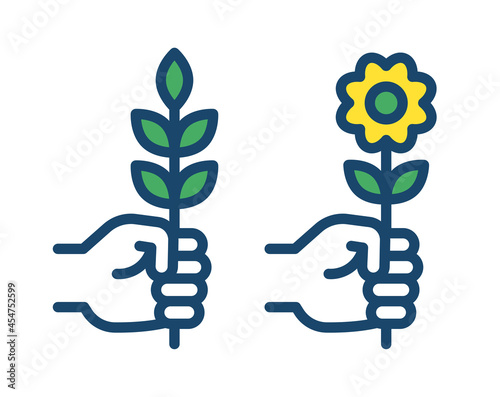 Hand holding flower and plant icon.