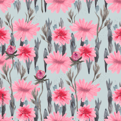 Watercolor seamless pattern with delicate pink flowers on a light gray background. Handmade illustration in vintage style is suitable for textiles, covers, invitation cards, wrapping paper © Людмила Пушкина