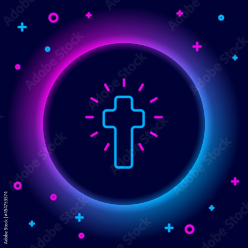 Glowing neon line Christian cross icon isolated on black background. Church cross. Colorful outline concept. Vector