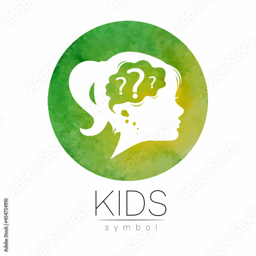 Modern Vector logo Kid Girl head and Question inside brain . Logotype sign of Psychology. Profile Human. Green Watercolor color isolated on white. Creative style.
