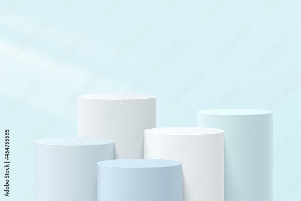 Abstract white, gray and blue 3D steps cylinder pedestal or stand podium with pastel blue wall scene for cosmetic product display presentation. Vector geometric rendering platform design. Vector EPS10 Abstract white, gray and blue 3D steps cylinder pedestal or stand podium with pastel blue wall scene for cosmetic product display presentation. Vector geometric rendering platform design. Vector EPS10