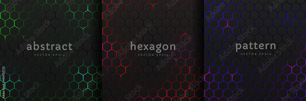 Set of black hexagon pattern on glowing red, blue, green neon abstract background in technology style. Modern futuristic geometric shape collection vector design. Can use for cover template, poster. - obrazy, fototapety, plakaty 