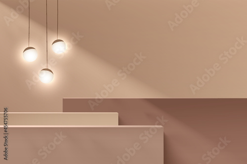 Abstract brown and beige 3D steps cube pedestal or stand podium with sphere ball hanging lamp. Minimal wall scene for cosmetic product display presentation. Vector geometric rendering platform design.