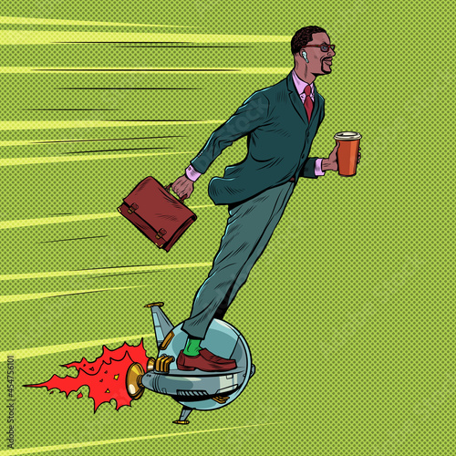 A futuristic black businessman rides an electric unicycle, a man drinks morning coffee