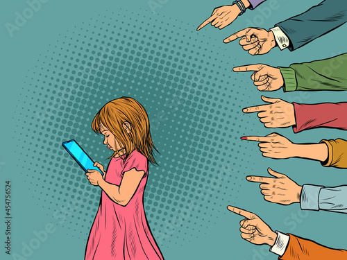 A little girl uses a smartphone. Adults discuss the passion of young people. Generational conflict