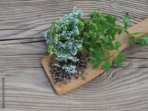 Ripe and green seeds, spicy grass and coriander flowers in a wooden spoon on a wooden table, flat layout. Medicinal plant coriandrum sativum for use in cooking, medicine and cosmetology photo