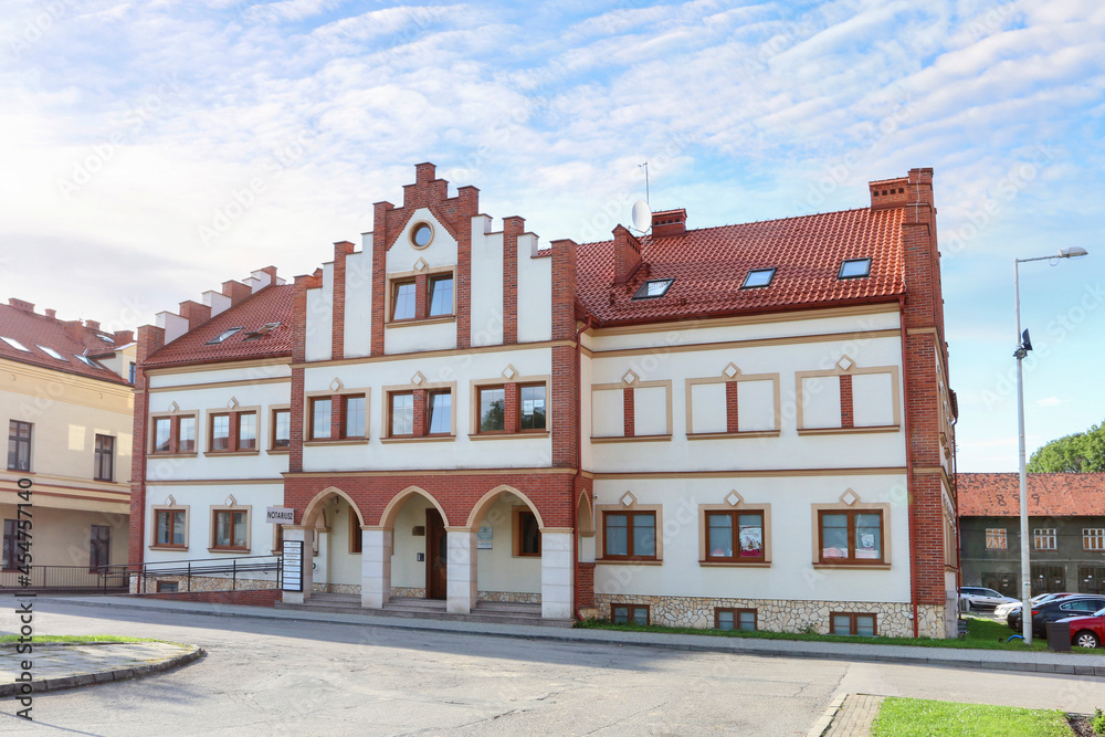 ZATOR, POLAND - AUGUST 28, 2021: Beautiful townhouses around the main square in Zator, Poland.