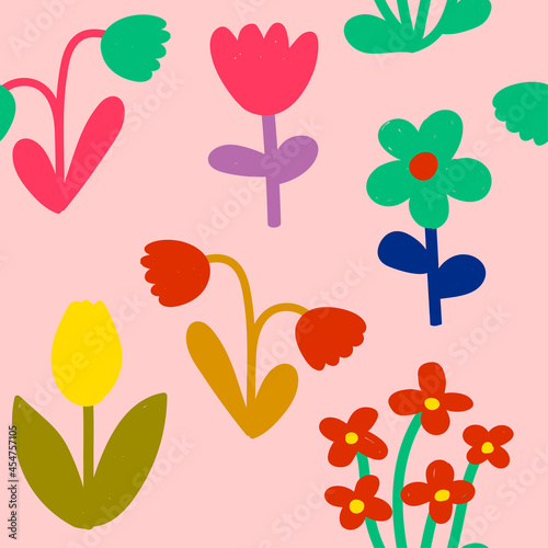 Bright modern pattern with simple fliwers. Cute colorful naive print for textile, dresses, wallpaper and ect.