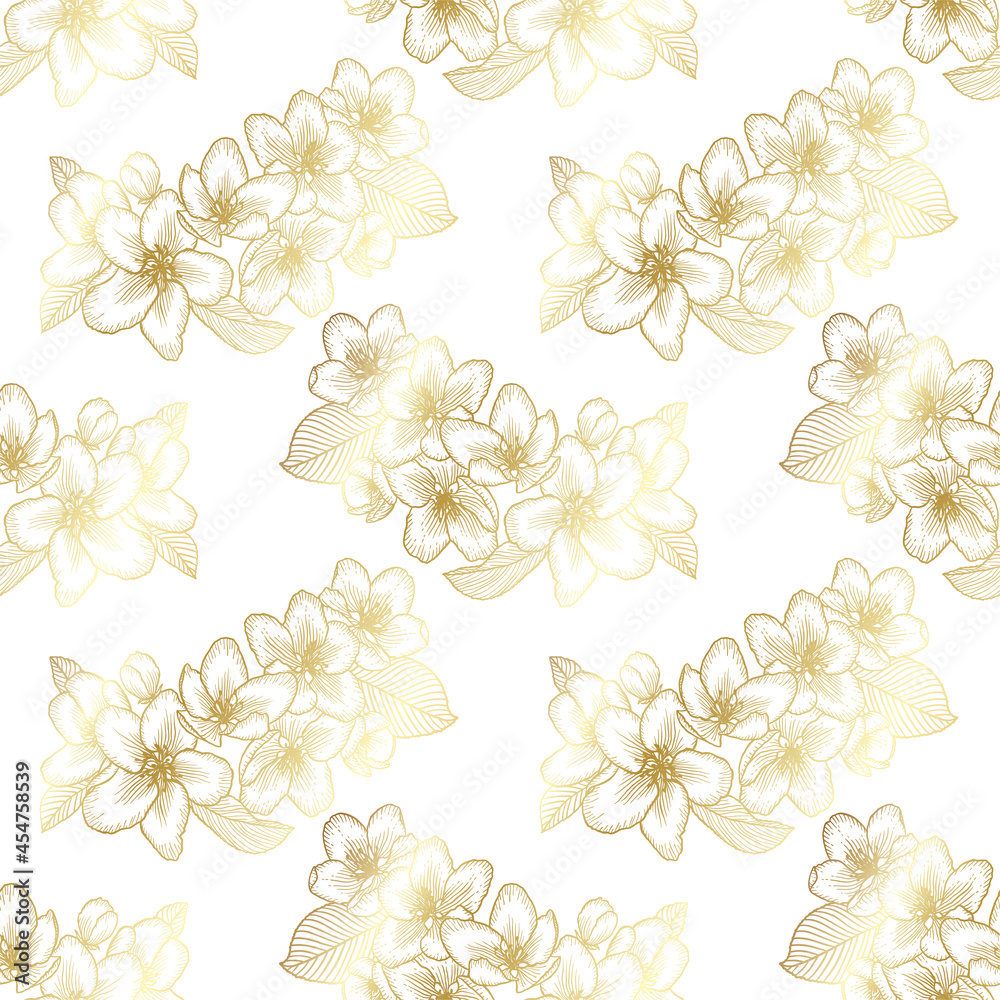 Golden seamless floral pattern, botanical vector background illustration