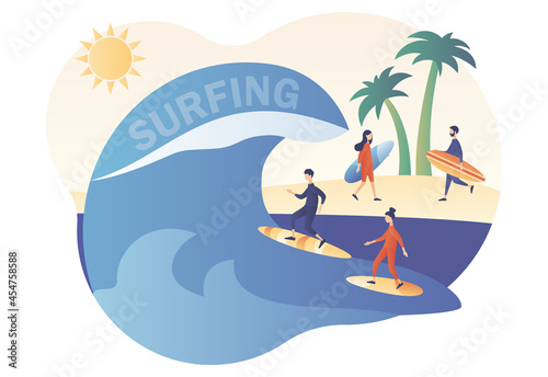 Tiny people surfers in beachwear with surfboards in sea or ocean catch the wave. Surfing concept. Surf Club or Shop. Modern flat cartoon style. Vector illustration on white background