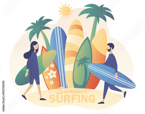 Tiny people surfer with surfboards go the beach, sea or ocean. Surfing concept. Surf Club or Shop. Modern flat cartoon style. Vector illustration on white background