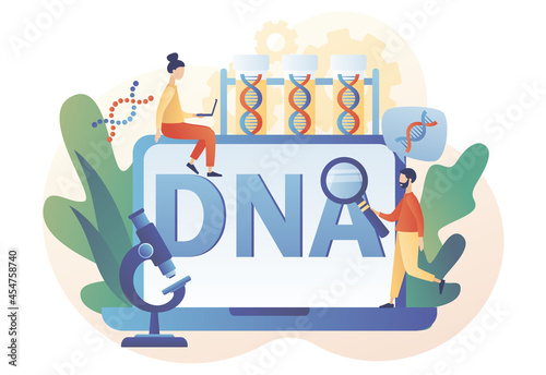 Genetic DNA Science. Gene helix sign. Lab equipment, laptop. Tiny scientist investigating and testing DNA with laptop in laboratory. Modern flat cartoon style. Vector illustration on white background