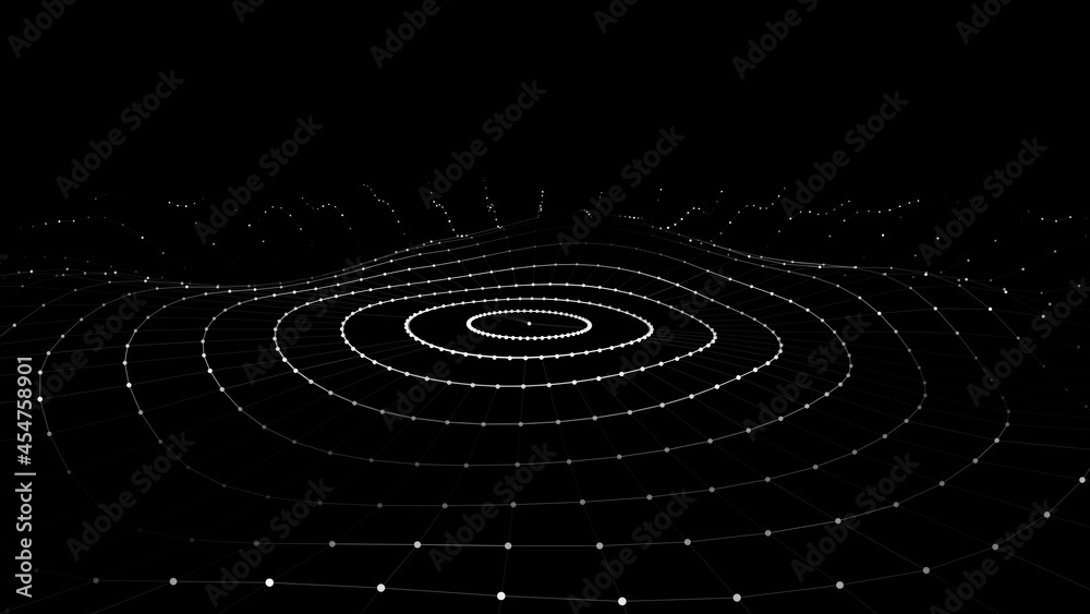Fototapeta premium Futuristic wave. Vector dark cyberspace. Abstract music sound wave with dots. White moving particles on a black background.